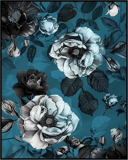 Posterizer 1 pcs-white lush flowers and blue background-Floral & Botanical Art-Abstract & Modern Art-Decor for Home & Office- UNFRAMED Wall Art...